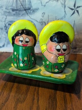 Mexican clay pottery salt and pepper shaker set featuring a hand-painted "Pancho
